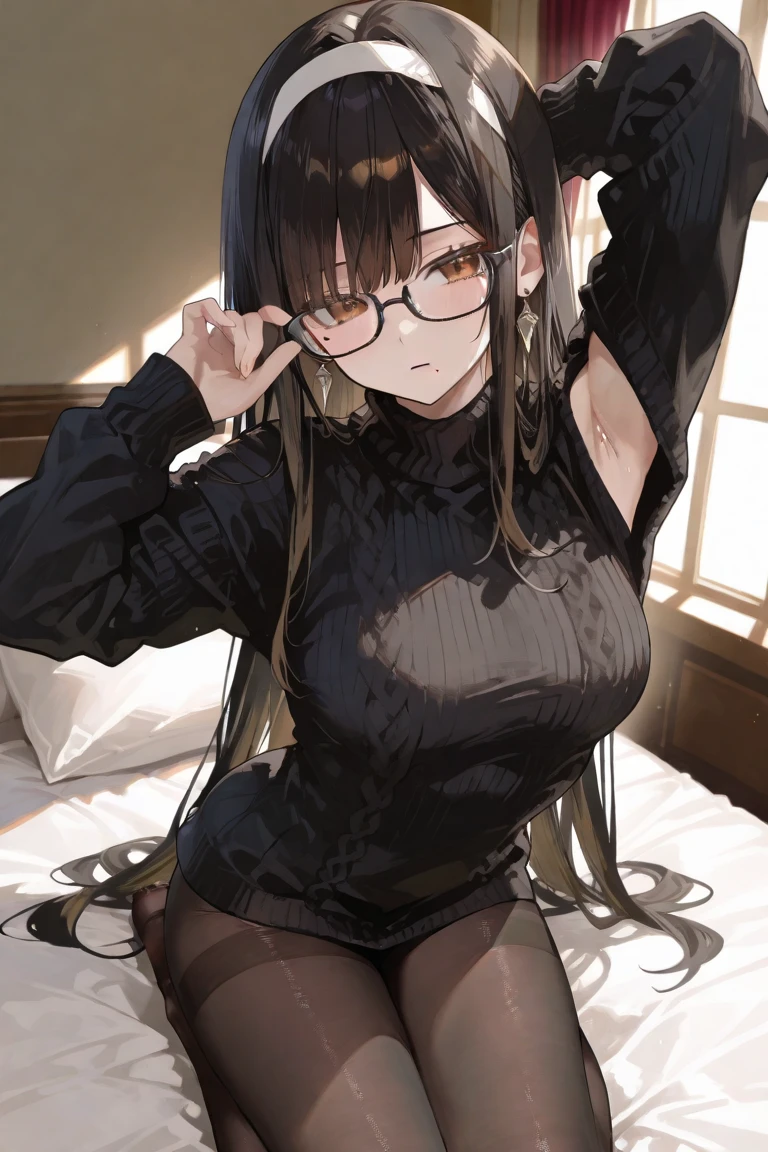 1girl anime coloring black-framed eyewear black eyes black hair background bed braid glasses hair strand hair tie solo twin braids, nude, nipples, blushed, ((Droppy Eyelids, Black Eyelashes, small Female Chesty)), (anime art:0.1), view from above, heavy blushing, lustful facespreading legs, lifting dress, laying on back, shy, wet panty, presenting crotch, masterpiece, 4k, best quality