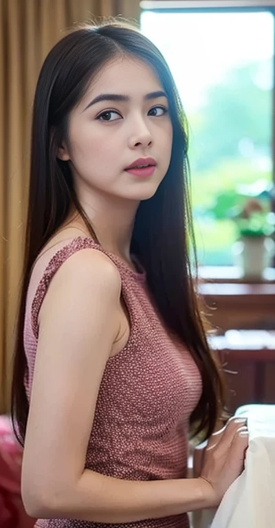 最high quality、high quality、best image quality、8K、最High resolution、High resolution、最high quality、masterpiece、Raw photo、whole body photos、Realistic human body in every detail、Realistic skin in every detail、Hair is also growing in the pussy A girl with long red and black line hair is posing sitting without clothes in a wooden house in a Myanmar village. Her body is well-proportioned and her breasts are also hairy.