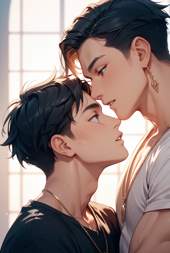 Skinny handsome guy kisses a boy