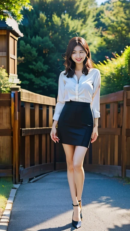 Masterpiece, Best quality,  beautifullegs, Fine, Delicate，Best quality, A high resolution, ((at park)), Smile,  Flesh-colored pantyhose，high-heels，Big wavy hair，cleavage，Uniform set