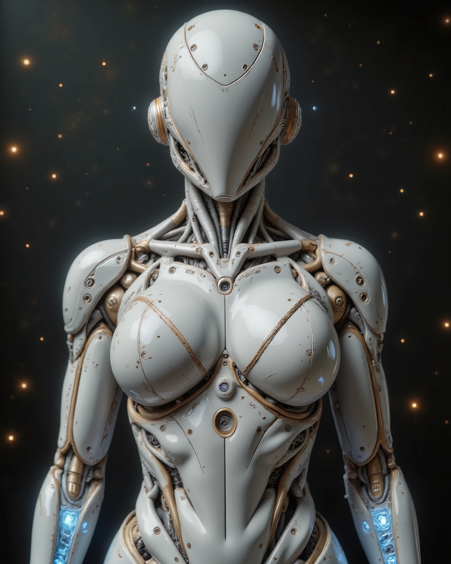 A highly detailed futuristic female humanoid robot with an athletic, graceful build, shown from the chest up in a dynamic pose. Her surface resembles glossy white porcelain with elegant gold accents. She has glowing neon elements in soft blues and purples, and parts of her arms and torso are semi-transparent holograms with intricate digital patterns. Her design is a blend of advanced technology and artistic elegance. The background is simple but striking, with a dark gradient and glowing light particles, adding a touch of fantasy. Soft ambient lighting enhances the ceramic texture and the glow of her holographic parts.