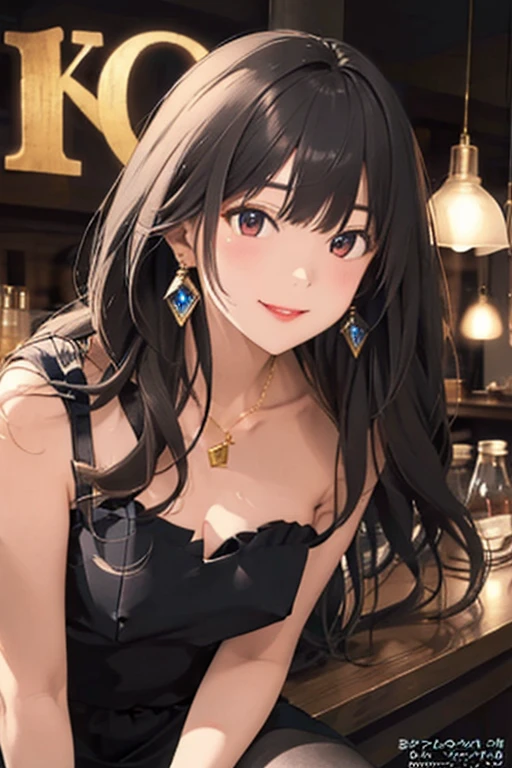 side angle,(looking away:1.5),Detailed CG,Ultra-fine illustrations,masterpiece,Highest quality,BREAK(white)and(off shoulder blouse)BREAK,Realistic,real person,(pale skin: 1.2),RAW photo,photorealistic(Pale skin:1.2),shiny skin,shiny hair,(A 28-year-old woman with medium-length hair and bangs)and(wavy hair)and(brown hair)and(Orange Eyes:1.,(smile:1.5),(open mouth),The background is inside a bar,Alone
