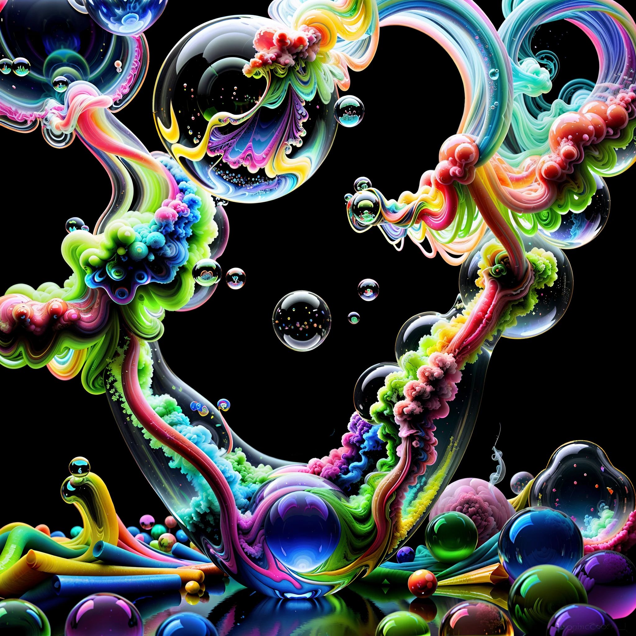 Pure light emerging from vibrant colors in a psychedelic dream, shimmering glass morphing out of colors, detailed patterns in bright colors, perfectly formed symmetrical glass spheres and glowing reflective bubbles, attention to detail on the bubbles and spheres, rainbows of colored smoke twisted in and out of translucent shinning glass orbs, ultra realistic glass spheres with melting crayons bubbling inside, 3D digital art, melting glass with colored smoke trapped inside, psychedelic art, neon colors, 4d mandelbulb psychedelics, glass like psychedelic landscape, intricate rainbow environment, psychedelic underwater brightness, LSD,DMT, Psilocybin, Mescaline, trails of color and light, bright fluorescent colors, fluorescent psychedelic aesthetic, bright psychedelic neon colors, colorful paint drips out of the bubbles, 3d glass spheres melt into each other spilling out colours,startling, stunning images, awe inspiringly, best quality wallpaper, Portrait photography, surrealism, Photorealistic, Hyperdetailed, Glass Morphism, Digital Art, Sparkle,Glowing Light, Reflection Light,God rays Backlighting, Depth Of Field, Rotational Symmetry, High Quality, Super Detailed, Best Quality, Award Winning, holographic earth Masterpiece