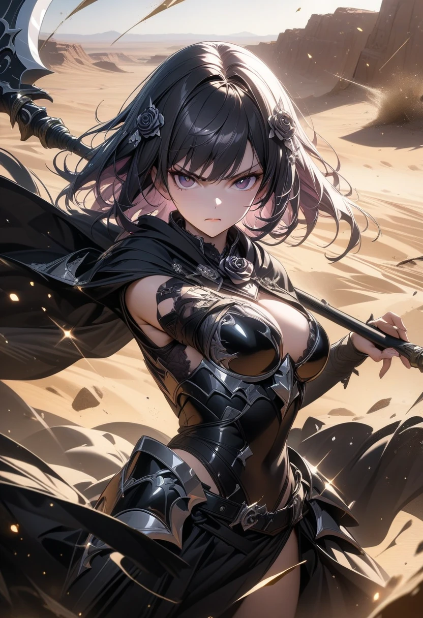 Tall female elf assassin with black hair and green eyes dressed in leather armor with a black robe and hood large breasts and daggers