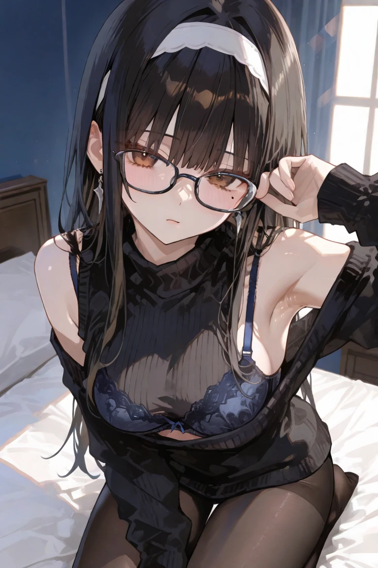 A young girl wearing only sexy black lace lingerie, glasses, long pink straight hair, pregnant figure, E-cup, back to the audience, hands ruffled her long hair, back without any cover, showing her hips to the audience