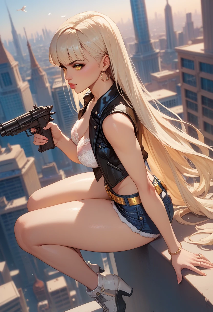 ((Best Quality, 4K, Masterpiece: 1.3)), (Detailed: 1.4), Reality, 1girl, a girl with microphone sitting on a supercar with a microphone, extremely detailed artgerm, by Yang J, kda, style of artgerm, ig model | artgerm, style artgerm, wlop and sakimichan, artwork in the style of guweiz, cushart krenz key art feminine, from girls frontline, A woman with boot and Hot pants denim, A woman with tank top and white hair, A woman with ear elf and black jacket, beauty eyes, perfect eyes, beauty smile, perfect smile, Big Breast, Huge Breast, Nice Thigh, 4K, HD, Ultra Realistic, extremely detailed, tfft