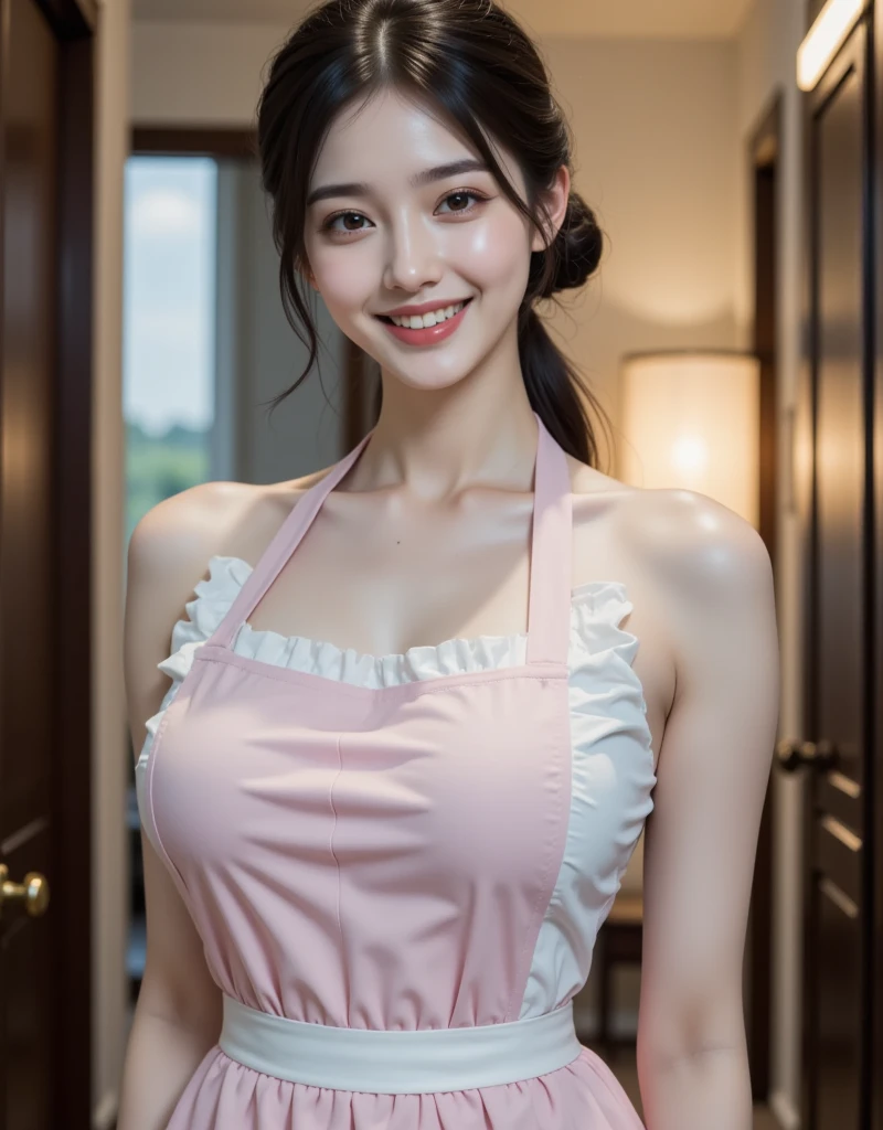 Product quality, One girl, Full Body Shot, Front view, Young and pretty girl in Japan, Shoulder-length hair, She was wearing only a pink silk satin apron with white frills around her naked body.、With a big smile, Cooking in a luxurious kitchen, Attractive person, Wet Hair, Wet body, Big Breasts, Super cute face, Glossy Lips, Double eyelids on both eyes, Natural Makeup, Long eyelashes, Shiny and smooth light brown hair, Asymmetrical bangs, Fair skin, Center image, High resolution, Attention to detail, Detailed hairstyle, Detailed face, Cinema Lighting, Octane Rendering, Vibrant, Ultra-realistic, Perfect limbs, Perfect Anatomy