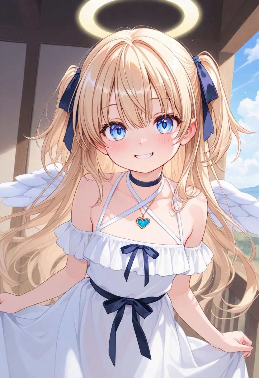 blonde、blue eyes、girl、Small breasts、Twin tails、girl、Small breasts、Bright smile、Looks about 15 years old、Petan Musume、He is short、Angel wings growing、Eye highlights、Show your armpits
