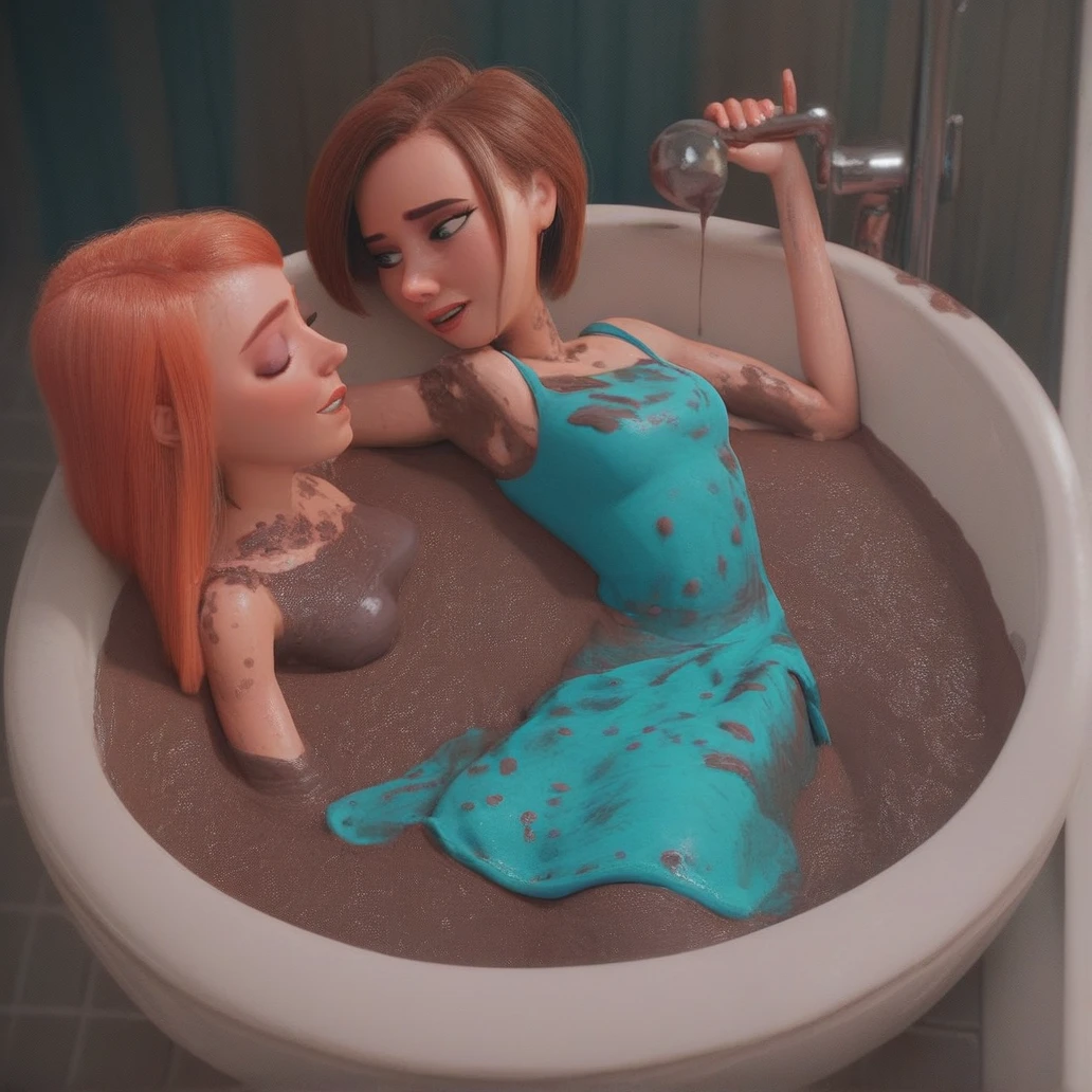 A young woman witch with dark hair stands on the baths and shakes a female vampire with short red hair