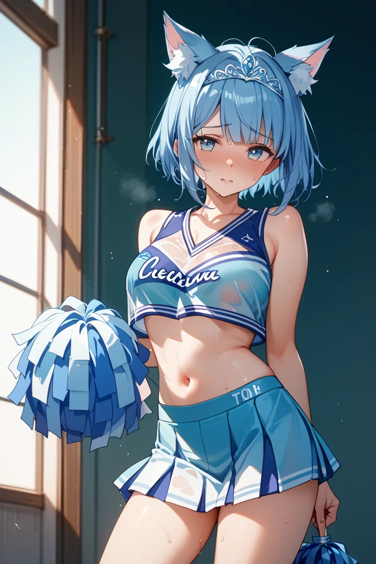 ram invader, detailed breasts, anime dick, (cheerleader: 1.2), （white panties:1.4）,muste piece, best quality, open mouth, tooth, ultra-detailed breasts, Yellow eyes, cute eyes, detailed face, a cute girl, big chest, red face, (wet with water: 1.2), Generally poor breasts, areola slip, (Position where panties are visible:1.5), (beautiful breasts: 1.2), (with a bright light source: 1.2), (heart shaped pupils opening their clothes: 1.5)