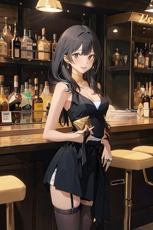best quality, ultra-detailed, illustration, cop,
cabaret, scenery, bar (place), indoors, chair, table, light,
1girl, solo, jewelry, necklace, smile, looking at viewer, dress, sleeveless dress, bracelet, sitting, drinking glass, alcohol,