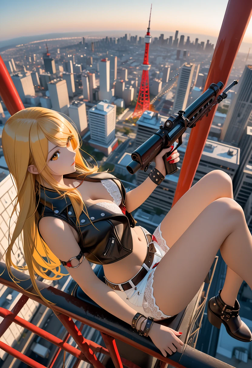 Giantess, long sexy legs, yellow hair, bikini, lying on the ground, city at her feet burns in flames for the destruction she has caused, tiny people climb on her body to try to defeat her uselessly. Giantess, goddess, macrophilia, curvaceous body, hentai, fetish, sexy legs, bikini, high heels, high quality, tiny people, people climbing body, giantess body, small people
