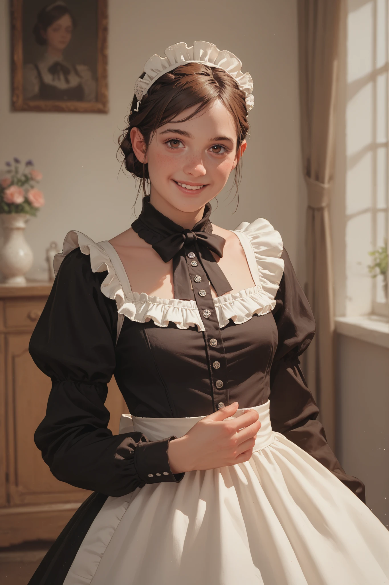 youth caucasian female,brown hair French Braid Low Bun,dark brown eye color,Perfect body,A Maid's headdress is worn on the head,She is dressed in a Victorian maid's outfit and reaches out her hand to us with a smile.