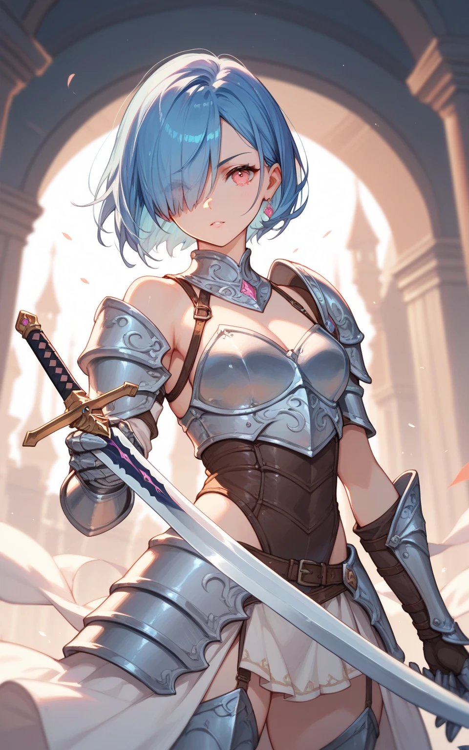 (masterpiece, best_quality, ultra-detailed, immaculate:1.3), epic, illustration, ,fantasy assassin villainess, lace , shozoku,, short skirt,platinum hair, pixie cut, chinese, small breasts, slim figure, full body, ninja sword, sunset, in a town, in a rennaissance dungeon, bombshell hair, iridescent blue hair, low-tied long hair, leg lift<lora:EnvyBeautyMix16:1>