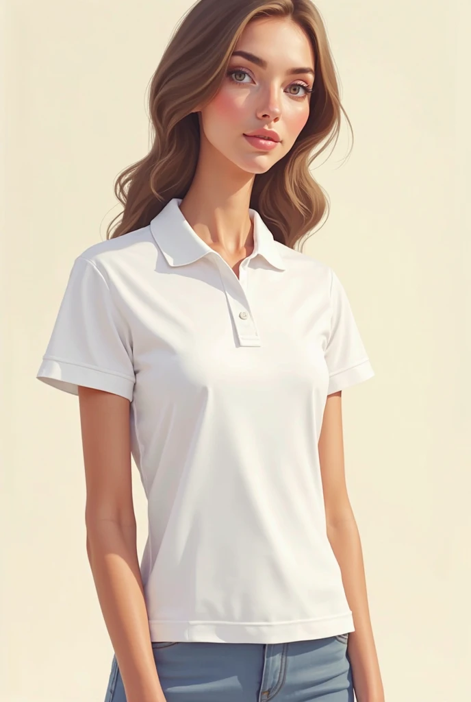 a woman standing wearing white polo Long sleeve, with this logo 8 ball and Deyna in the shirt 