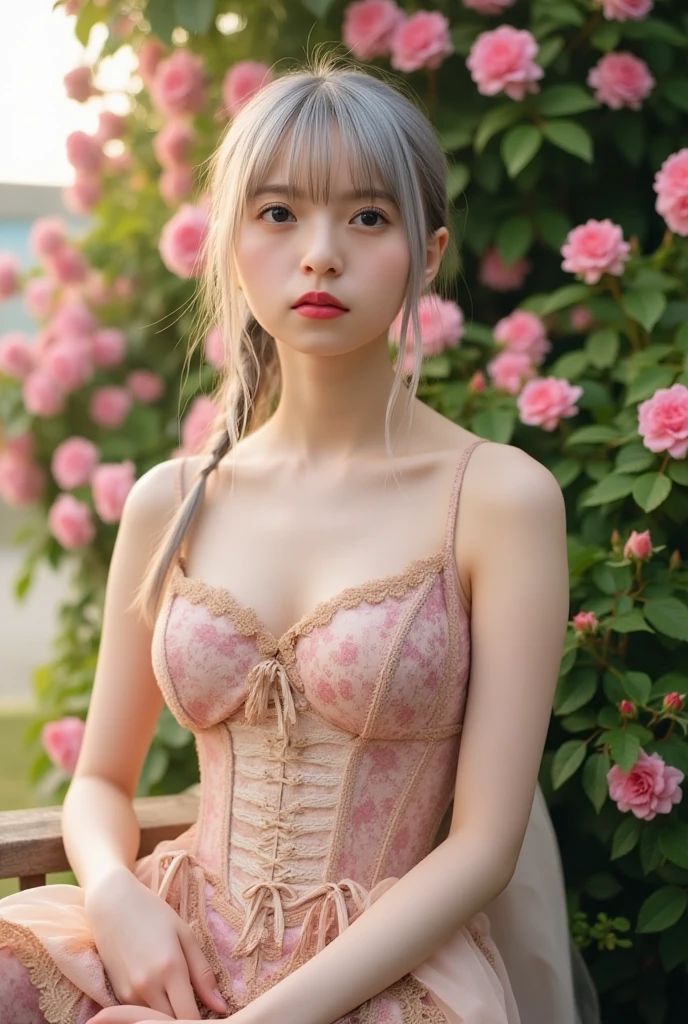 (Close-up of the painting style,Ultra HD 8K,Masterpiece grade CG wallpaper),Cinematic lighting,cute girly,Delicate and beautiful face,Dreamy pupils,Wearing a small floral short summer dress round waist, Small Breasts, Bust poem,Sit, Cloudy background,the trees,florals,summer,Chinese style buildings, cleavage, magical