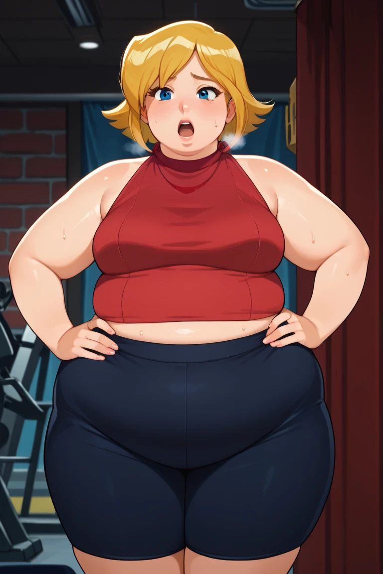 masterpiece , 4K, high quality, perfect anatomy, perfect eyes, very chubby 1girl, blurry, photo_\(medium\), realistic, short_hair, sleeveless, solo, looking_at_viewer, plump body, blonde_hair, shirt, bare_shoulders, jewelry, light green eyes, full body, navel sample, parted_lips, necklace, sweater, lips, turtleneck, bob_cut, sleeveless_turtleneck, orange_shirt, fat Ashley, 3d,