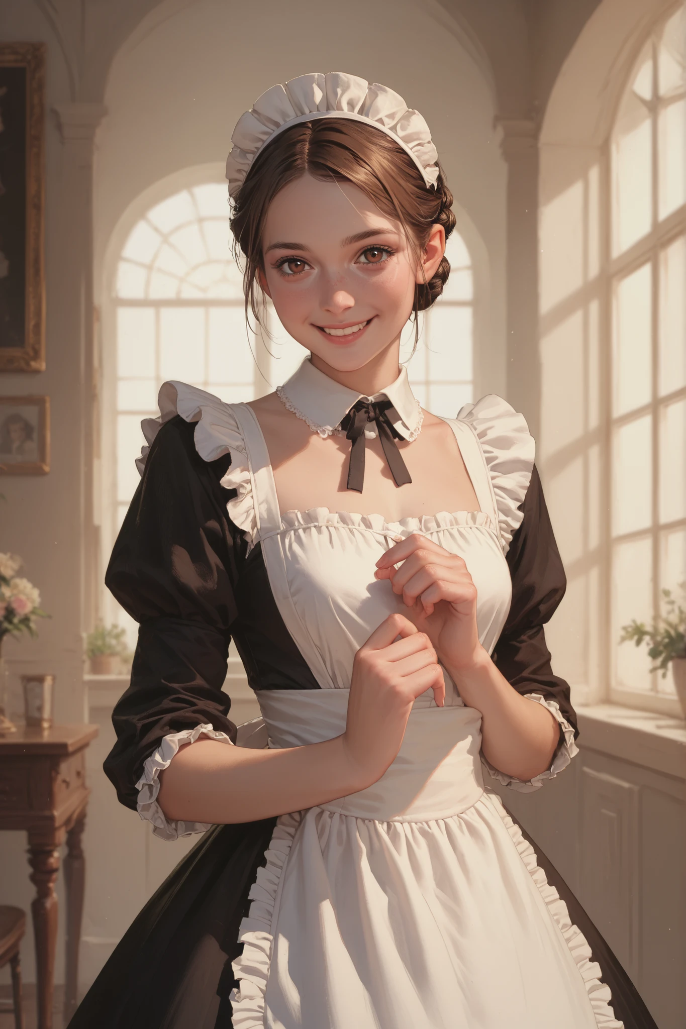youth caucasian female,brown hair French Braid Low Bun,dark brown eye color,Perfect body,A Maid's headdress is worn on the head,She is dressed in a Victorian maid's outfit, smiling and raising her hand.