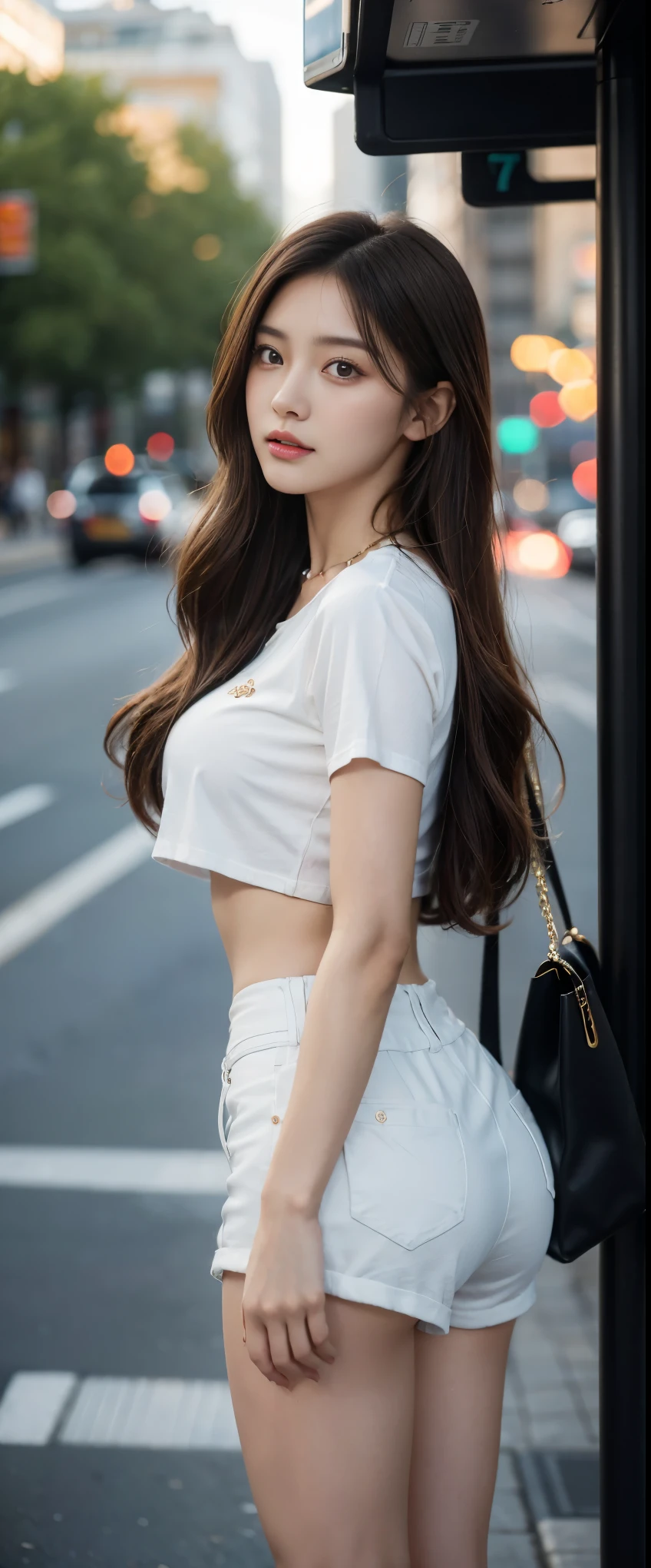 Beautiful woman wearing white shirt and  skirt detailed body, layered hair