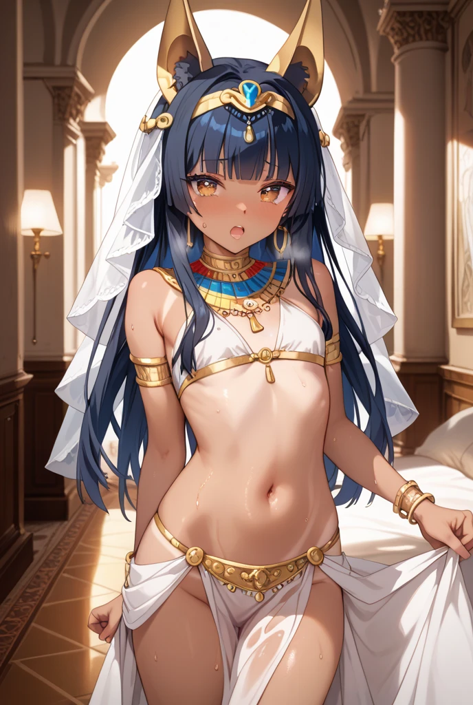 masterpiece, best quality, ultra-detailed, 1girl, solo, looking at viewer, (curvy:1.1), large breasts, black hair, long hair, hair over one eye, (wavy hair:1.1), yellow eyes, neck ring, armlet, bracelet, (white veil:1.2), (hair ornament:1.1), (chain:1.1), (gold:1.3), (gold trim:1.2), rose, sweat, sitting, arm up, full body, anklet,, outdoor