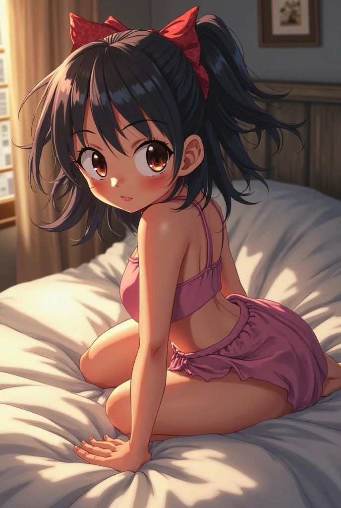 Beautiful girl at 13 years old,Japanese,,,Small and slim,Flat Chest,Small breasts,Baby Face,Small face,Black Hair,Short Twin Tails,Grey Eyes,middle School girls,Sexy Lingerie,open mouth,tongue out,Kneeling and sitting,Tie hands behind back,Beautiful and detailed anime art,puzzled look,high angle, looking at viewer, looking ahead, from above,cowboy shot,Sexy vibe,cum on tongue,On the bed