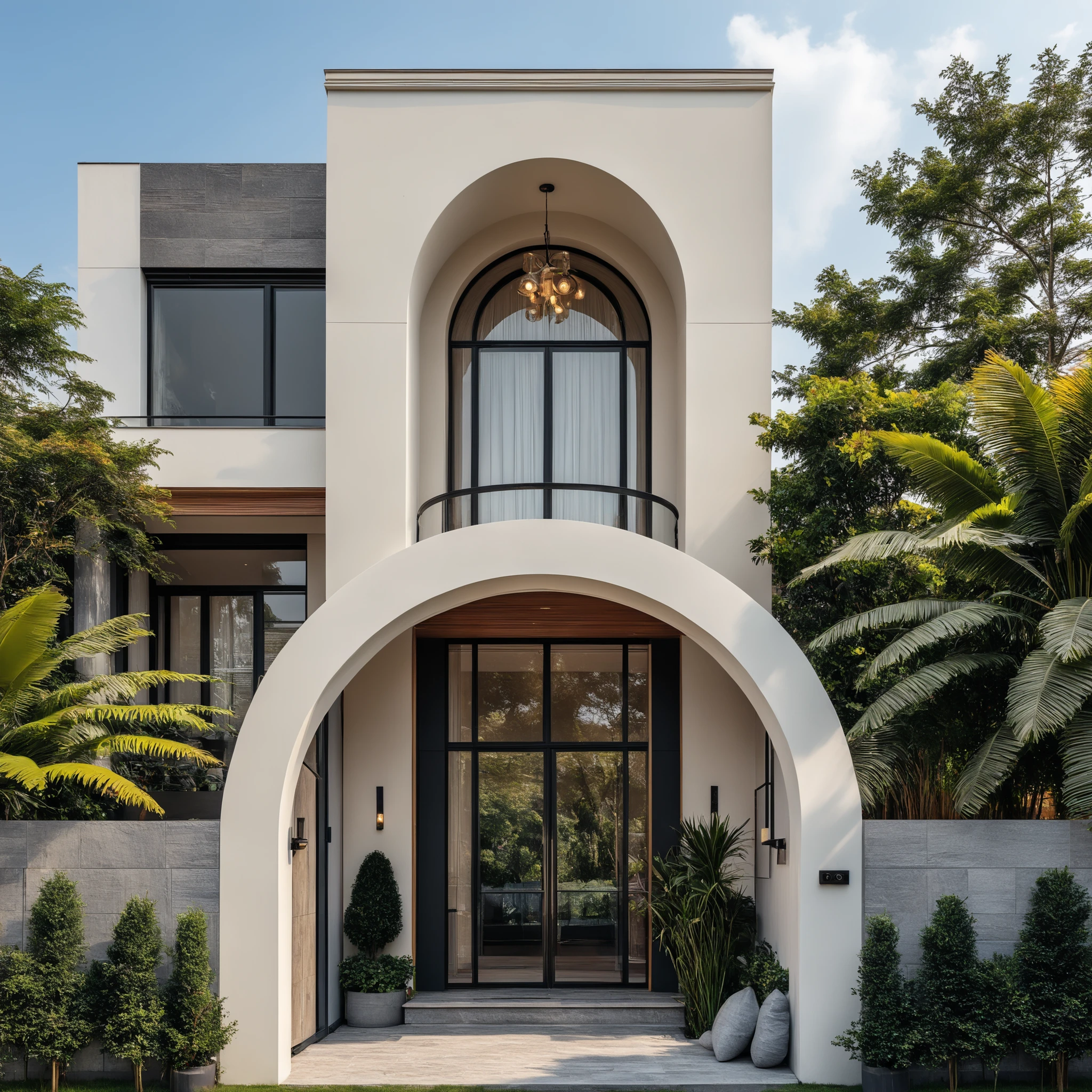 **"A two-story neoclassical house (1 ground floor + 1 upper floor), symmetrical facade with minimalist elegance, clean lines, and subtle classical moldings. Gray aluminum windows and doors, intricate black wrought iron balcony railings with floral patterns. Soft beige or white exterior walls. Flat roof with dark blue slate tiles (smooth finish), complemented by a simple classical cornice. Landscaped front garden with stone-paved walkway and low hedges. Rendered in ultra-realistic 3D architectural style, soft golden-hour lighting, cinematic depth of field, hyper-detailed textures (focus on stone, metal, and slate materials), 8K resolution."**