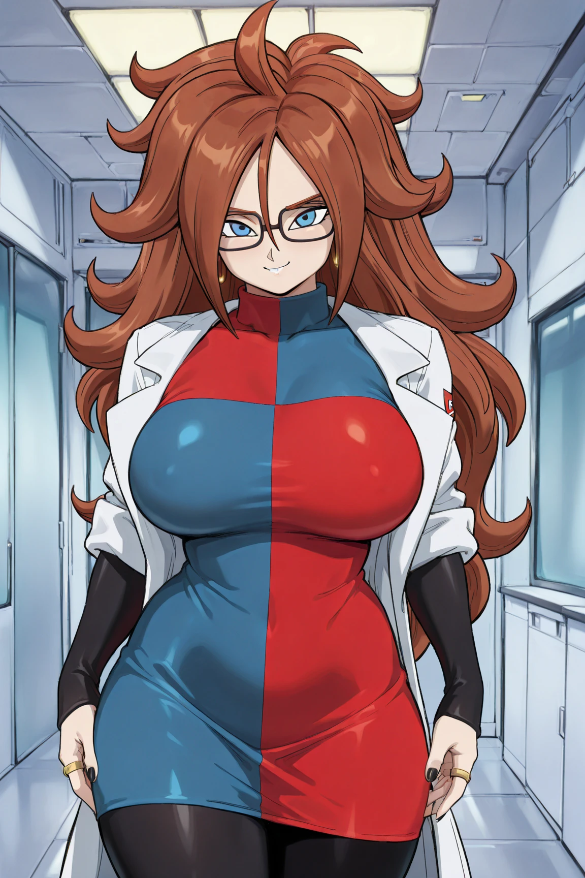 (defa21, glasses, checkered dress, labcoat, black pantyhose, asymmetrical boots,blue eyes, by the chestnut, vestido a cuadros, calentadores de brazos, pantimedias negras, Asymmetrical boots,(pecho enorme,pechos grandes:1.1)