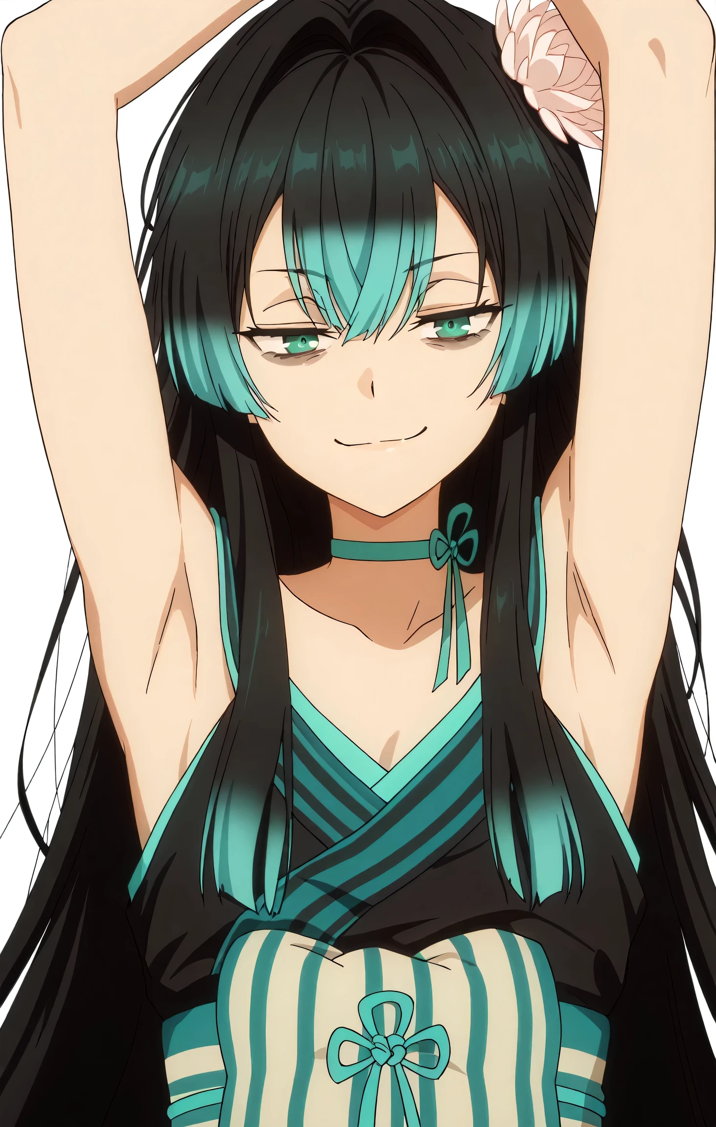 masterpiece, best quality, amazing quality, anime screencap, anime coloring, 1girl, solo, long hair, hair intakes, multicolored hair, black hair, aqua hair, green eyes, hair flower, bags under eyes, black kimono, aqua trim, ribbon choker, aqua choker, sash, sleeveless, bare shoulders, bare arms, arms up, raised arms, armpits, smile, smug, half-closed eyes, closed mouth, confident, head towards viewer, light source in front, white background, simple background