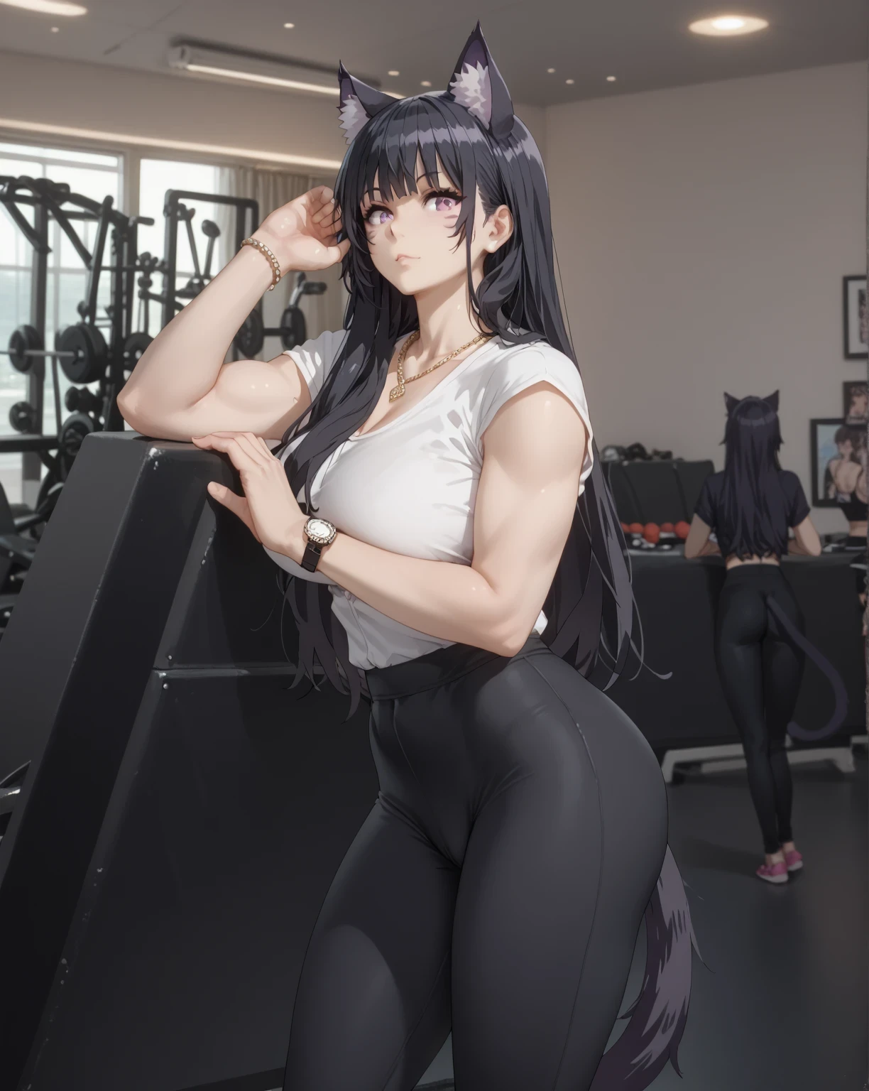 Tall girl, Fit girl,score_9, score_8_up, score_7_up, score_6_up, uncensored, delta, long hair, black hair, animal ears, purple eyes, cat ears, animal ear fluff, facial, animal tail, cat tail, Thick furry cat tail, mark,huge breast, 1girl, watch, photo_background, black_hair, solo, wristwatch, long_hair, jewelry, shirt, looking_at_viewer, white_shirt, necklace, indoors, high-waist_pants, pants, bracelet, short_sleeves, standing, black_eyes, pubic_hair, female_pubic_hair, bangs, yoga pants, crop shirt