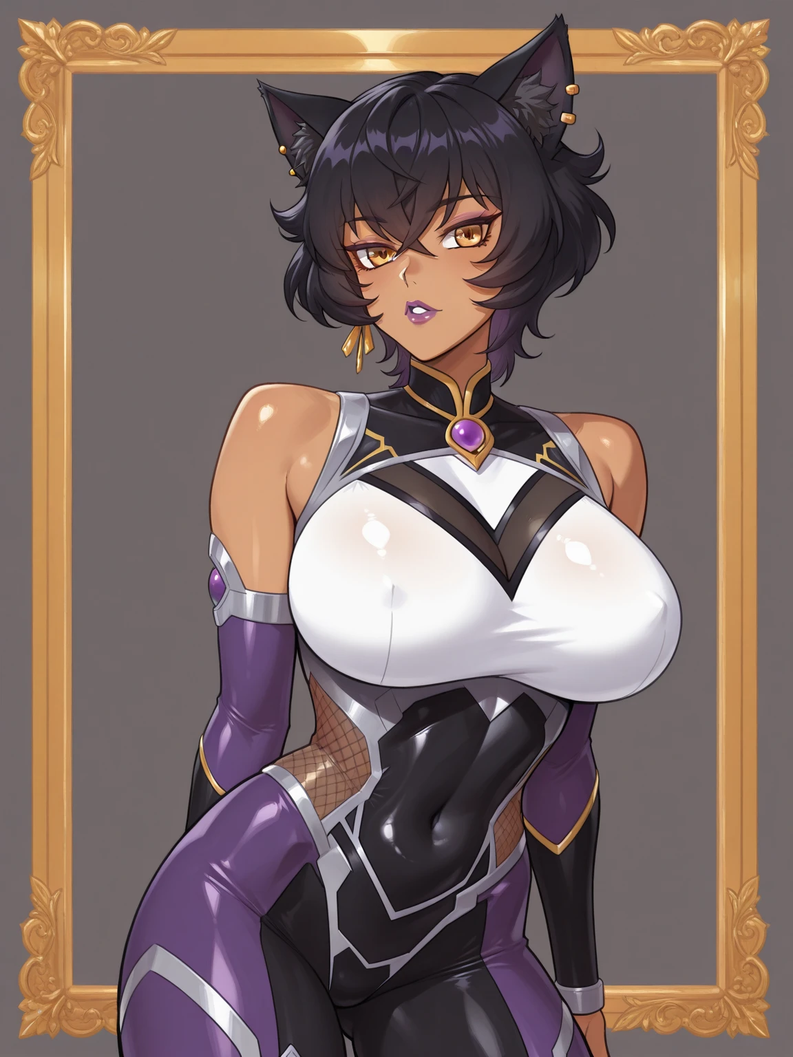 (solo:1.1),(masterpiece), (best quality:1.3), ultra detailed, intricate, professional art, digital art, absurdres, kalibelladonna, 1girl, bob hair, black hair, messy hair, cat ears, tanned skin, (tan skin:1.6), pierced cat ears, solo, Kalibelladonna wearing one-piece-swimsuit at the beach, choker , sadistic smirk, furniture, universal lighting, frontal view, wide hips, crotch bulge, bulging pussy, puffy pussy, (leaking cum:1.5), realistic cum, (queen of spades symbol tattoo on thigh:1.4), arm tattoo, pierced nipples, latex bra,