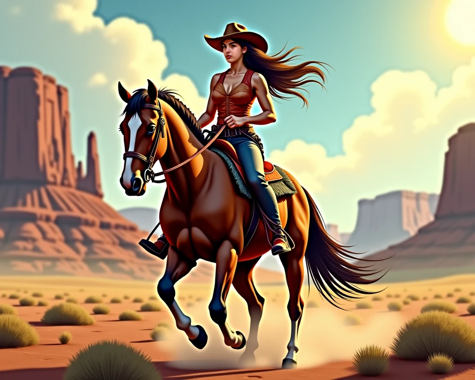 clipart style vintage 2 color art of a bucking horse with a cowgirl on top in the desert.