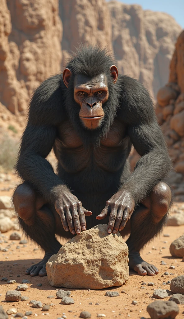 A captivating photograph captures the unique moment of a gorilla, with his muscular and powerful frame, as he carefully cuts a piece of chicken with a knife and fork. The gorilla, with his deep-set dark eyes and prominent cheekbones, displays an unusual sense of curiosity and concentration. The image is shot in a high budget, cinematic style, with a shallow depth of field, ensuring the gorilla is the primary focus, while the background blurs into soft details. The gorilla's fur is vividly detailed, each hair strand appears lifelike under the film grain effect, giving an extraordinary feel of realism. With a detailed and highly textured skin, the image