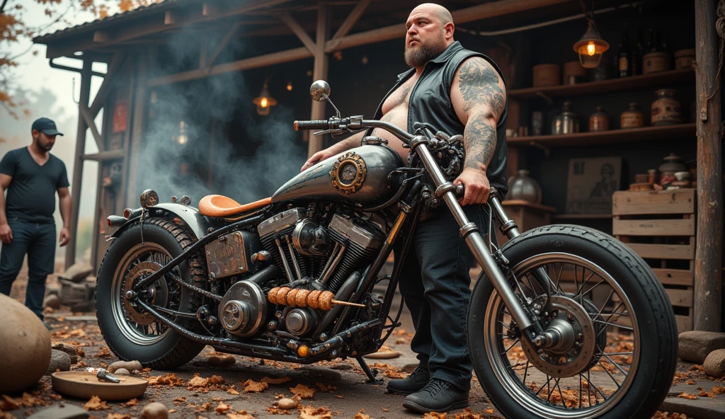 a tall muscular man with long hair, beard and full body tattoos, wearing a white crew neck t-shirt and flare jeans, standing next to a big motorcycle, (best quality,4k,8k,highres,masterpiece:1.2),ultra-detailed,(realistic,photorealistic,photo-realistic:1.37),highly detailed portrait,chiaroscuro lighting,dramatic lighting,moody atmosphere,cinematic composition,vibrant colors,sharp focus,hyper-realistic skin texture,dynamic pose