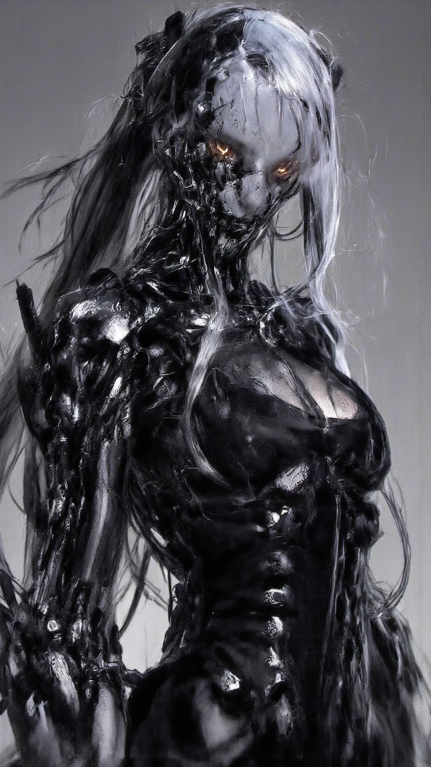 bs, solo, simple background, monochrome, upper body, greyscale, bodysuit, black background, 1other, monster, arms at sides, horror (theme), a girl, her jaw is broken, blooded
