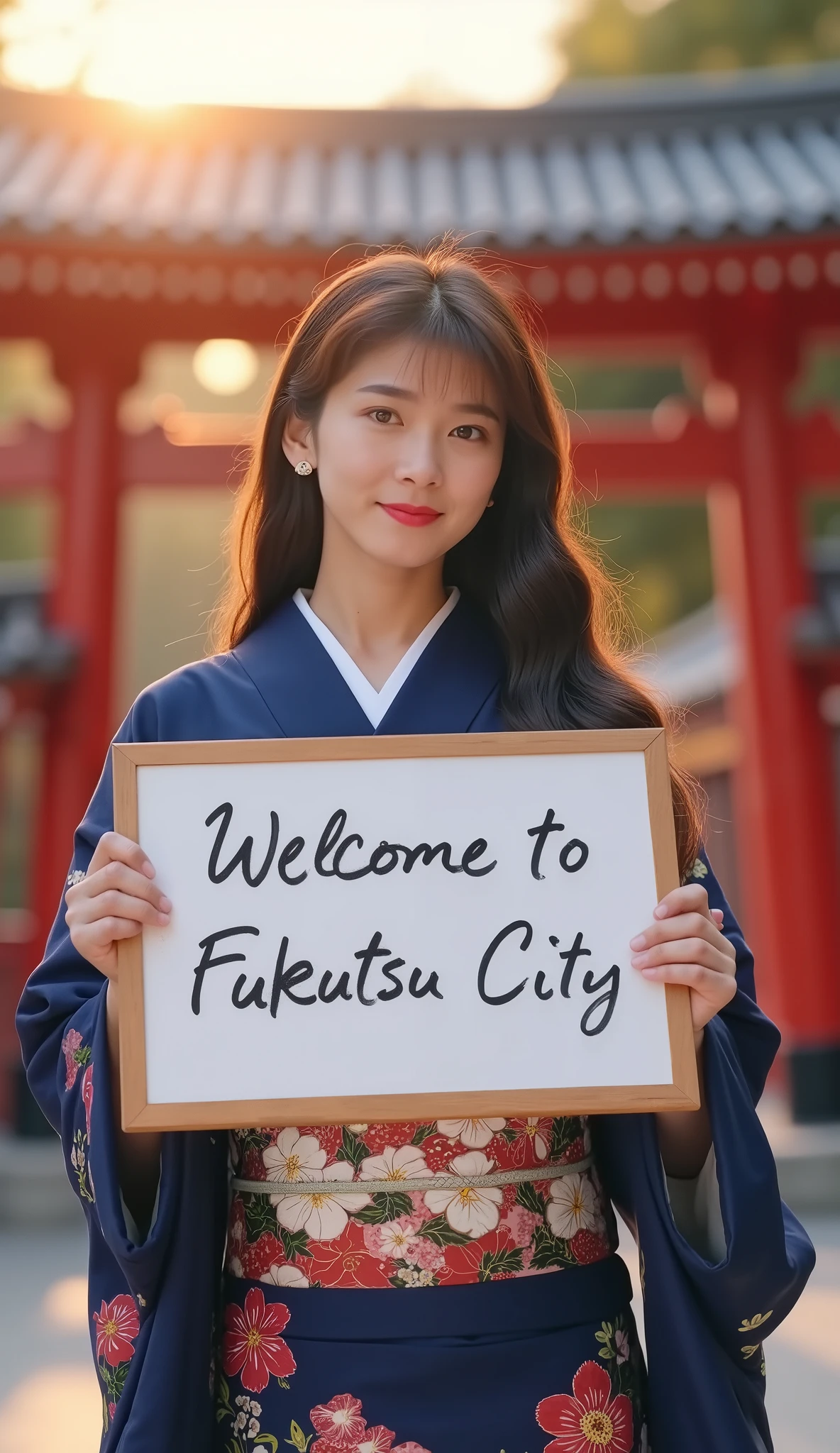 front view, 1 female, beautiful young American woman, 0, (Black middle hair , fringe , beautiful brown eyes, wide smile), ( c cup , [ wide ), ( traditional Japanese dark blue kimono, Kimono lower flower pattern , floral white belt ) , holding a whiteboard with both hands, Writing words "welcome to Fukutsu city" front Shinto Shrine, Path of Light , sunrise, ( super detailed, Advanced Details, high quality, accurate, , textured skin, beautiful fingers super detailed, Advanced Details, high quality, Hi high quality)