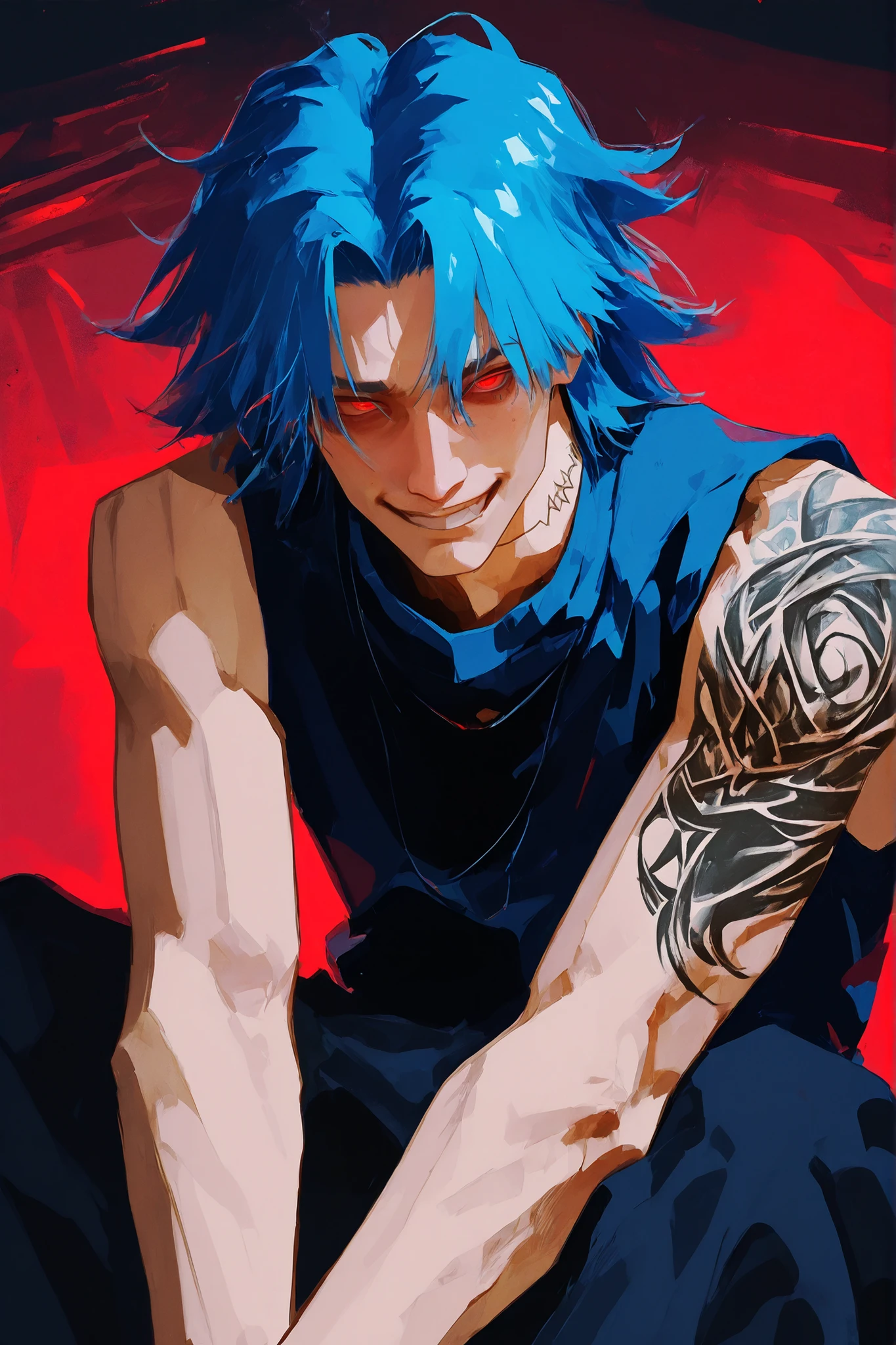 1 male, anime style, relaxed eyes, bored face, red eyes, long blue hair, pearcings, sleeveless shirt, shuffling through hair , smirking, tone body, tattoo on neck