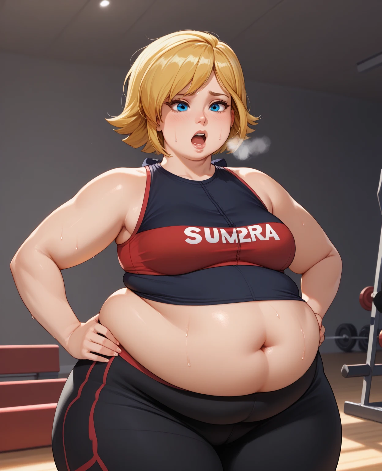 (masterpiece, best quality, highly detailed), 1girls, big belly, huge belly, art by kipteitei, round belly, chubby, curvy, belly grab, enormous belly, fat belly, thicc, bigger belly, really big belly, jiggly belly, pregnant, glasses, gym clothes, barefoot, (sweaty), ((sweating)), very tight breasts, ((full body)), (grown up), ((milf)), flandre scarlet