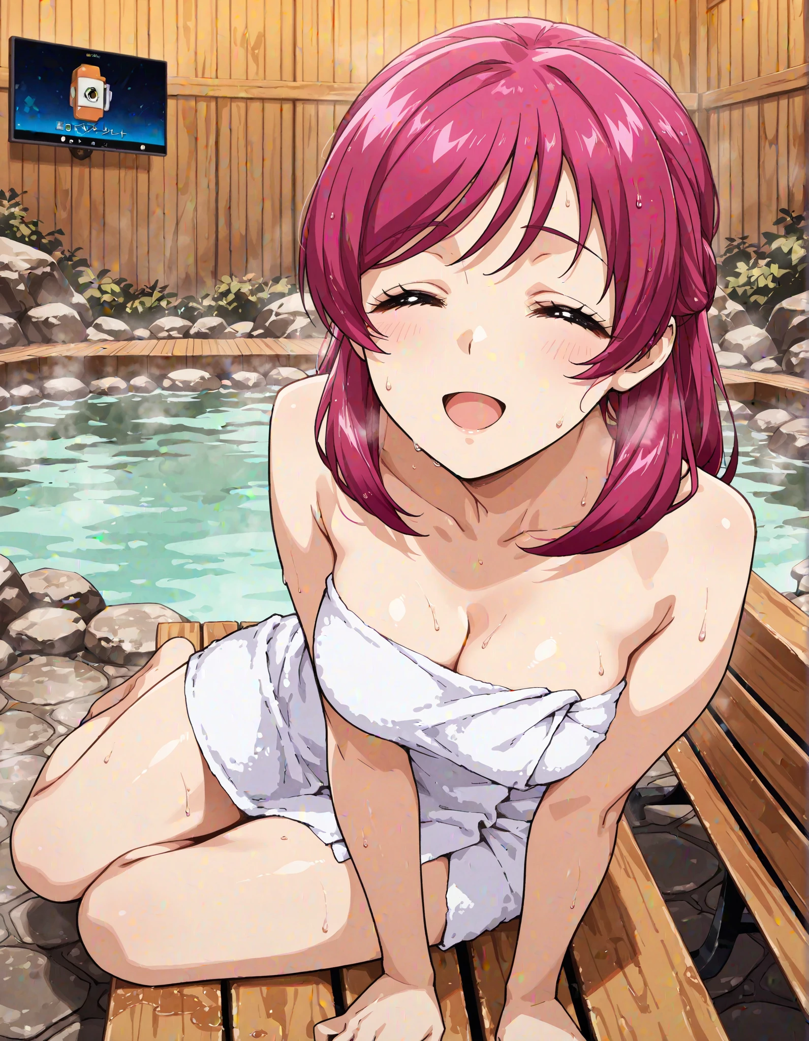 Rise Kujikawa, naked, bathing in a hot spring, alone, into the water, body into the water,sensual smile