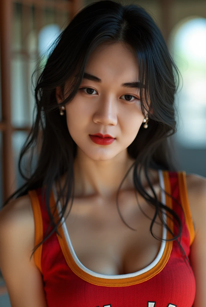 1girl, dark circles, smile, wave long hair, long face, slant eyes, red lipstick, fat lips, thick eyebrows, (make up), (big eyes), (nude), (bra), lingerie, nsfw,