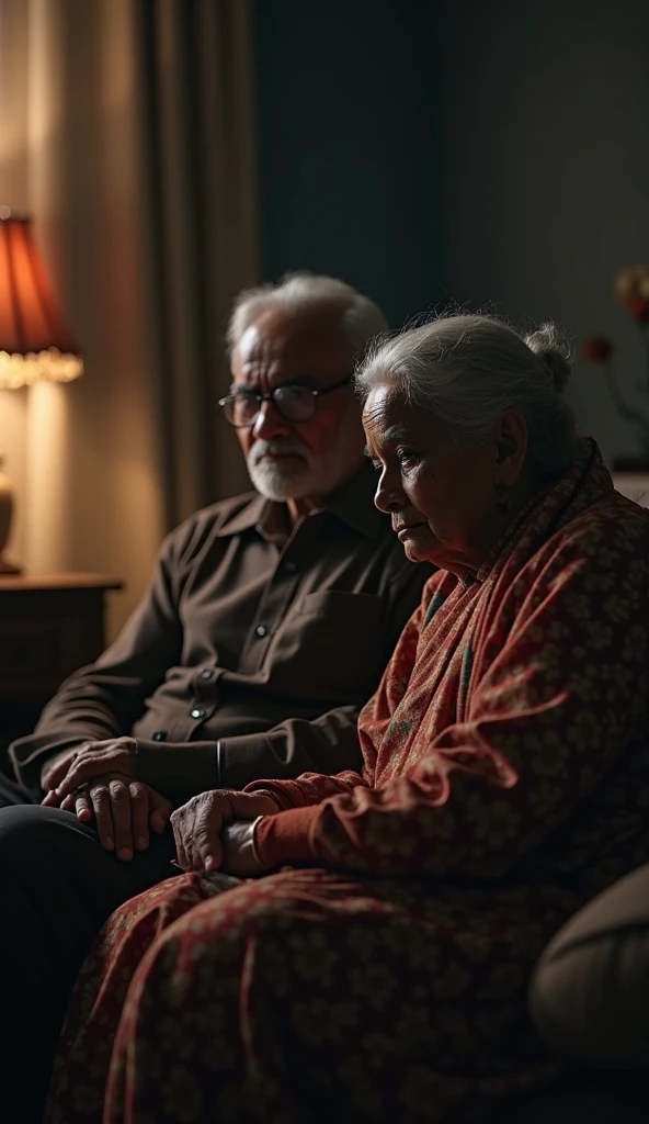 A struggling old aged husband and wife in their apartment, indian couples