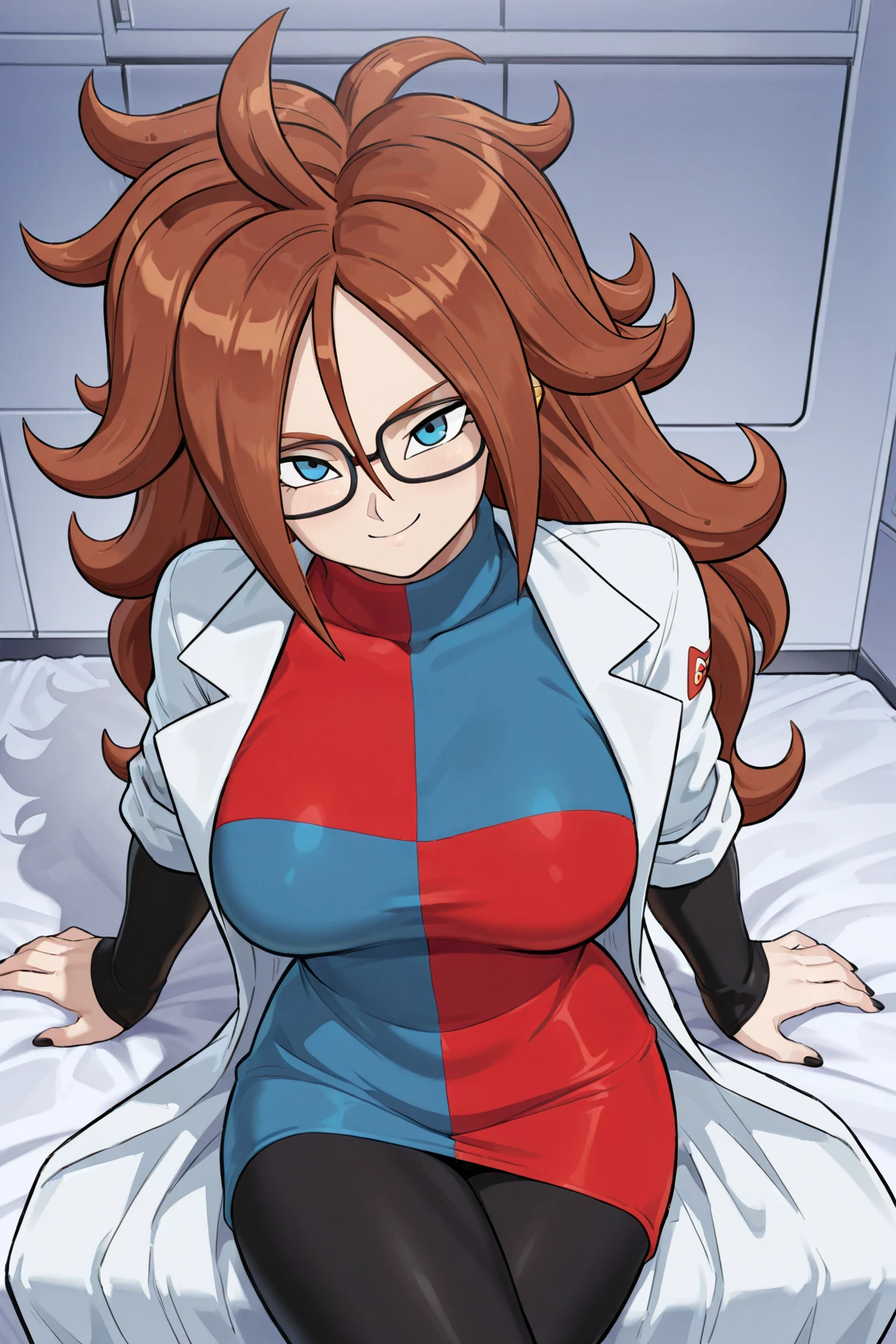 (defa21, glasses, checkered dress, labcoat, black pantyhose, asymmetrical boots,blue eyes, by the chestnut, vestido a cuadros, calentadores de brazos, pantimedias negras, Asymmetrical boots,(pecho enorme,pechos grandes:1.1)