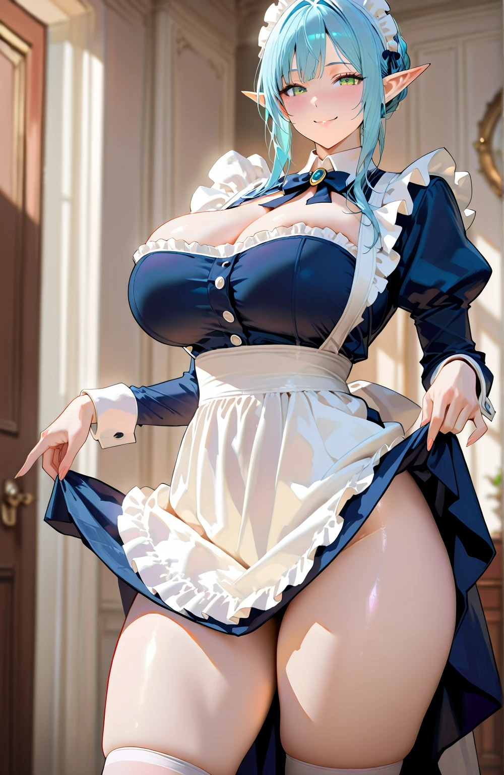 focused to upper body, realistic, 1girl, big bust, blue hair, sparkling blue univers eyes, pink maid outfit, standing pose, (blue water background), perfect limbs,