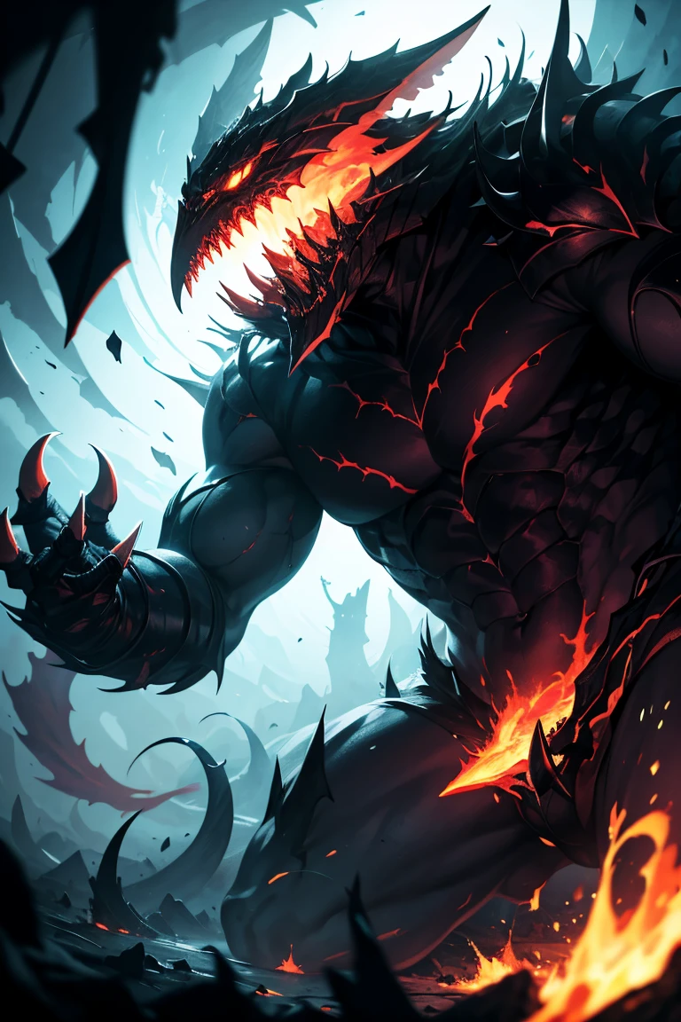 naughty man;
masculine;
brawny;
Platinum colored hair;
long and spiky hair;
bluish gray skin (avatar type);
Plasma veins;
Black colored eyes;
Cao Cao;
space background;
Kaiju humanoid
