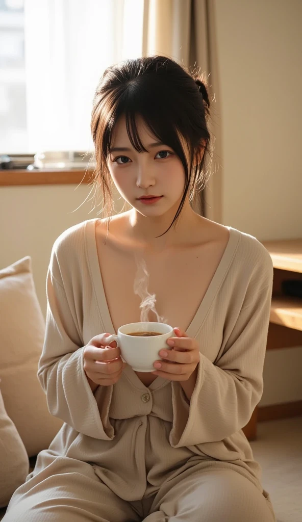 (Tabletop:1.3), High resolution, Ultra-detailed, Highly detailed CG Unity 8k wallpaper, Realistic, Photorealistic, RAW Photos, Beautifully detailed face, Pale skin, Realistic glowing skin, Detailed cloth texture, Detailed hair texture, Perfect body, Beautiful Face, Accurate, Anatomically correct, Highly detailed face and skin texture, Natural neck length, (Beautiful Hands), (Fair skin:1.2), Thin legs, Thin legs,
break,
Fine grain, Symmetrical eyes, Light brown eyes, double eyelid, Thin eyebrows, (Glossy Lips:1.4), (Smiling Kindly:1.2),
break,
(Browsing Caution:1.1), (Classy and cute girl:1.3), (1 girl, One Girl), (((ピンクの白のTwo-tone color with thick horizontal stripes、Blanket material pajamas、Super fluffy fleece pajamas:1.5、超ふわふわなSoft and fluffy fleece pajamaini shorts:1.5、Fluffy lounge pajamas、Fluffy and soft material))),
(Slim figure、Firm breasts:1.2), Beautiful clavicle,
((Asymmetrical bangs:1.2)),
break,
((Standing by the window with a cup of coffee:1.2)), (From the side:1.1), (Look to the side of the viewer:1.2), ((Focus on the face:1.2)),
((Morning in a modern Japanese office:1.2)), (Cowboy Shot:1.2),