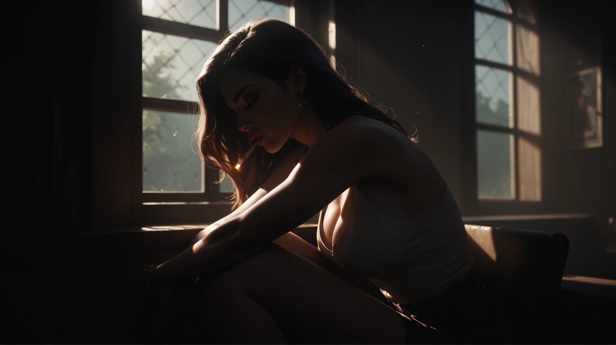 sits, is silent, looking out the window
In the rays of the night light,
In his arms , tenth time,
A cigarette goes off.