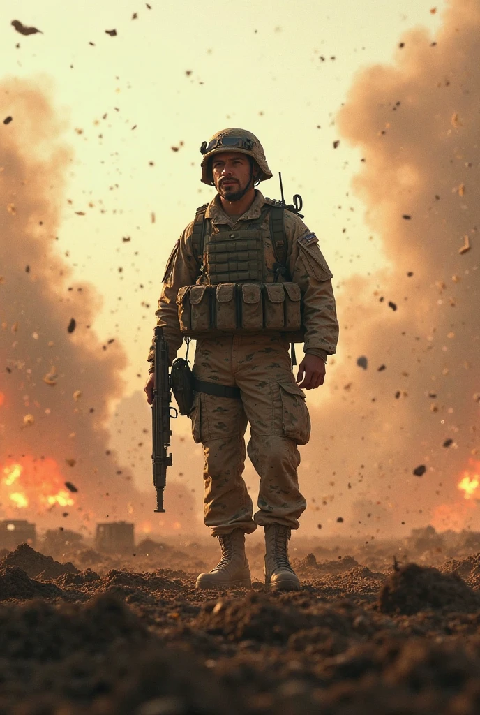 bndofbrthrs, soldier, from front, walking towards viewer, rubble background, smoke, atmospheric, photorealistic