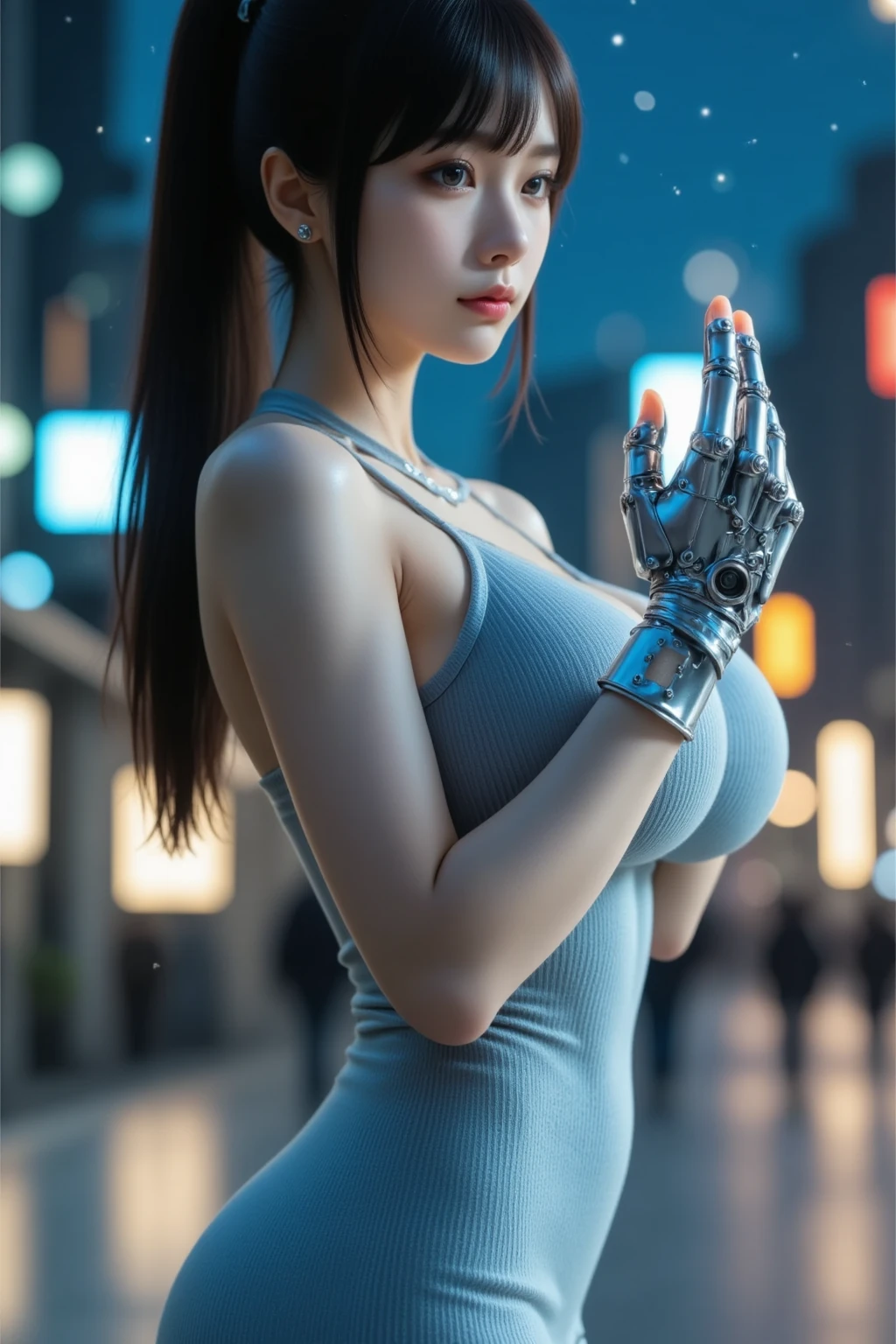 a woman covered in intricate white cybernetics, blue led lights, battle suit, cleavage, high tech, ultra high def, 32k, (Bikini Cyborg robot parts), (detailed:1.4), cyberpunk city background, rainy street, beautiful face, golden long hair, professional lighting, masterpiece, very delicate and beautiful, professional photograph, (smiling:0.5)