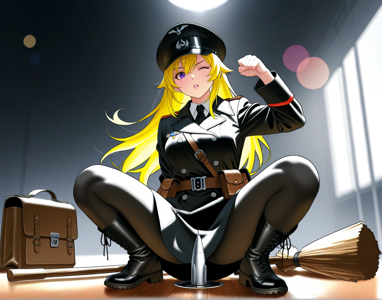 cute, small, short, flat, masterpiece, detailed, high quality, absurdres, Tanya Degurechaff, 1girl, solo, evil grin, curvy, military, military uniform, pussy peak, no panties
