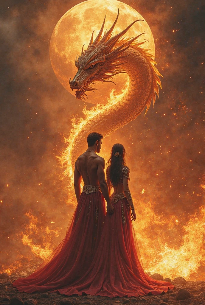 姫神様を抱き抱えて助けるshortage男神 The background is a flaming snake Japanese mythology shortage々Shii Lying Serpent