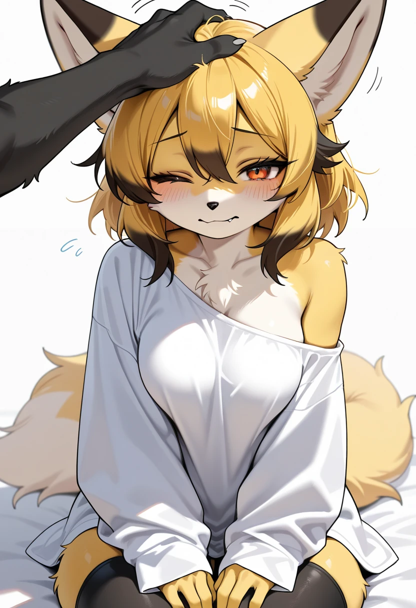 masterpiece, best quality, newest, absurdres, highres, amazing quality, very aesthetic, score_9, score_8_up, score_7_up, score_6_up, 1girl, (furry, kemono:1.5), fox girl, anthro, furry, elongated foxy snout, fox ears, fox tail, (very very long tail, the tail is long and fluffy), one cute fang, biting lip, half-closed eyes, closed mouth, looking at viewer, amber eyes, one eye closed, shy, open mouth, enjoying, , baggy shirt, black thigh highs, oversized clothes, single off-shoulder, eyelashes, solo focus, getting petted, brown fur hand (fox paw kind of looking hand), hand coming in to pet her head, receiving headpats, headpat, petting, from above view, reclining on the bed, bed, pillow